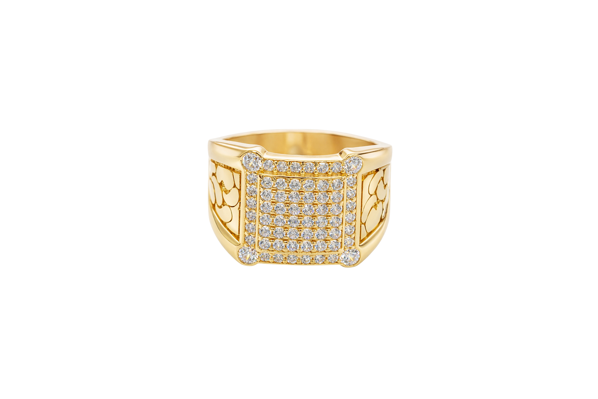 14KT Gold Ring Men's Square White Round CZ Stones Raised Center Square Plain Border Second Border White CZ Stone Border Corner Design Four Slightly Larger White CZ Stones Side Design Nugget Print / Plain Side Design Border
