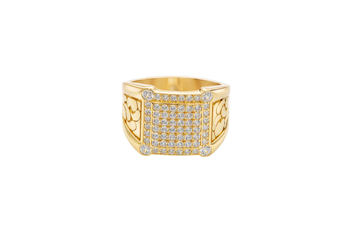 14KT Gold Ring Men's Square White Round CZ Stones Raised Center Square Plain Border Second Border White CZ Stone Border Corner Design Four Slightly Larger White CZ Stones Side Design Nugget Print / Plain Side Design Border
