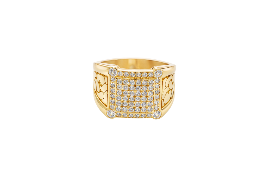 14KT Gold Ring Men's Square White Round CZ Stones Raised Center Square Plain Border Second Border White CZ Stone Border Corner Design Four Slightly Larger White CZ Stones Side Design Nugget Print / Plain Side Design Border