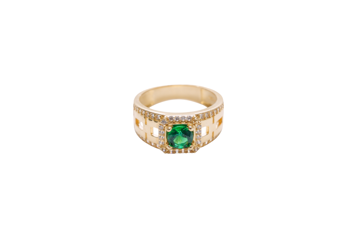 14KT Gold Ring Men's Square Green CZ Round Center Stone White CZ Stone Border Band Design Half/Full/Half Stacked Boxes Cutouts with Single Row White CZ Stones Border