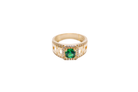 14KT Gold Ring Men's Square Green CZ Round Center Stone White CZ Stone Border Band Design Half/Full/Half Stacked Boxes Cutouts with Single Row White CZ Stones Border