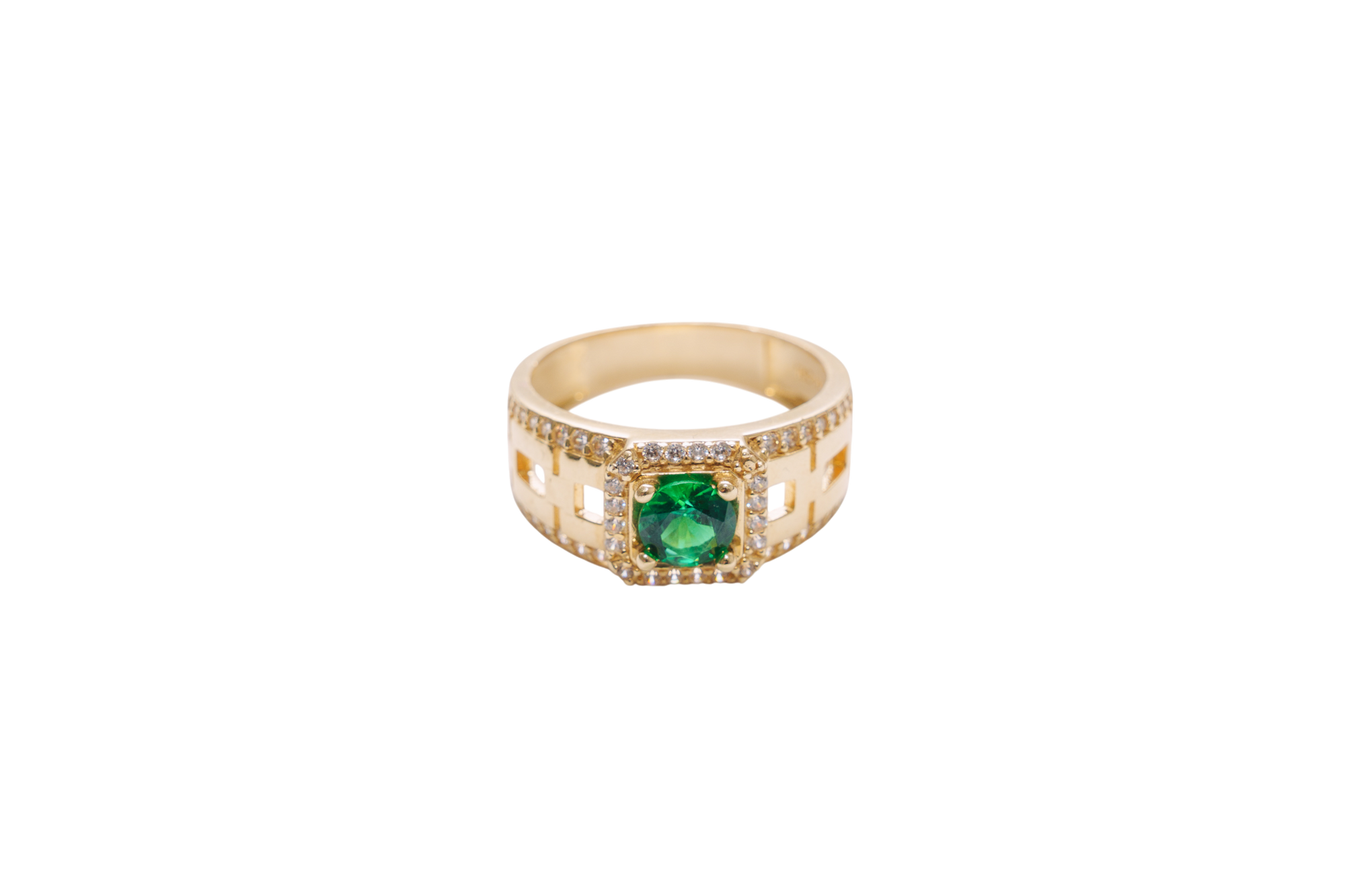 14KT Gold Ring Men's Square Green CZ Round Center Stone White CZ Stone Border Band Design Half/Full/Half Stacked Boxes Cutouts with Single Row White CZ Stones Border