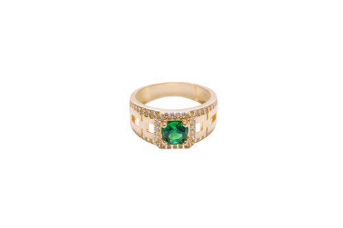 14KT Gold Ring Men's Square Green CZ Round Center Stone White CZ Stone Border Band Design Half/Full/Half Stacked Boxes Cutouts with Single Row White CZ Stones Border