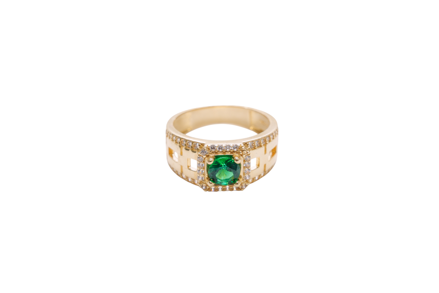 14KT Gold Ring Men's Square Green CZ Round Center Stone White CZ Stone Border Band Design Half/Full/Half Stacked Boxes Cutouts with Single Row White CZ Stones Border