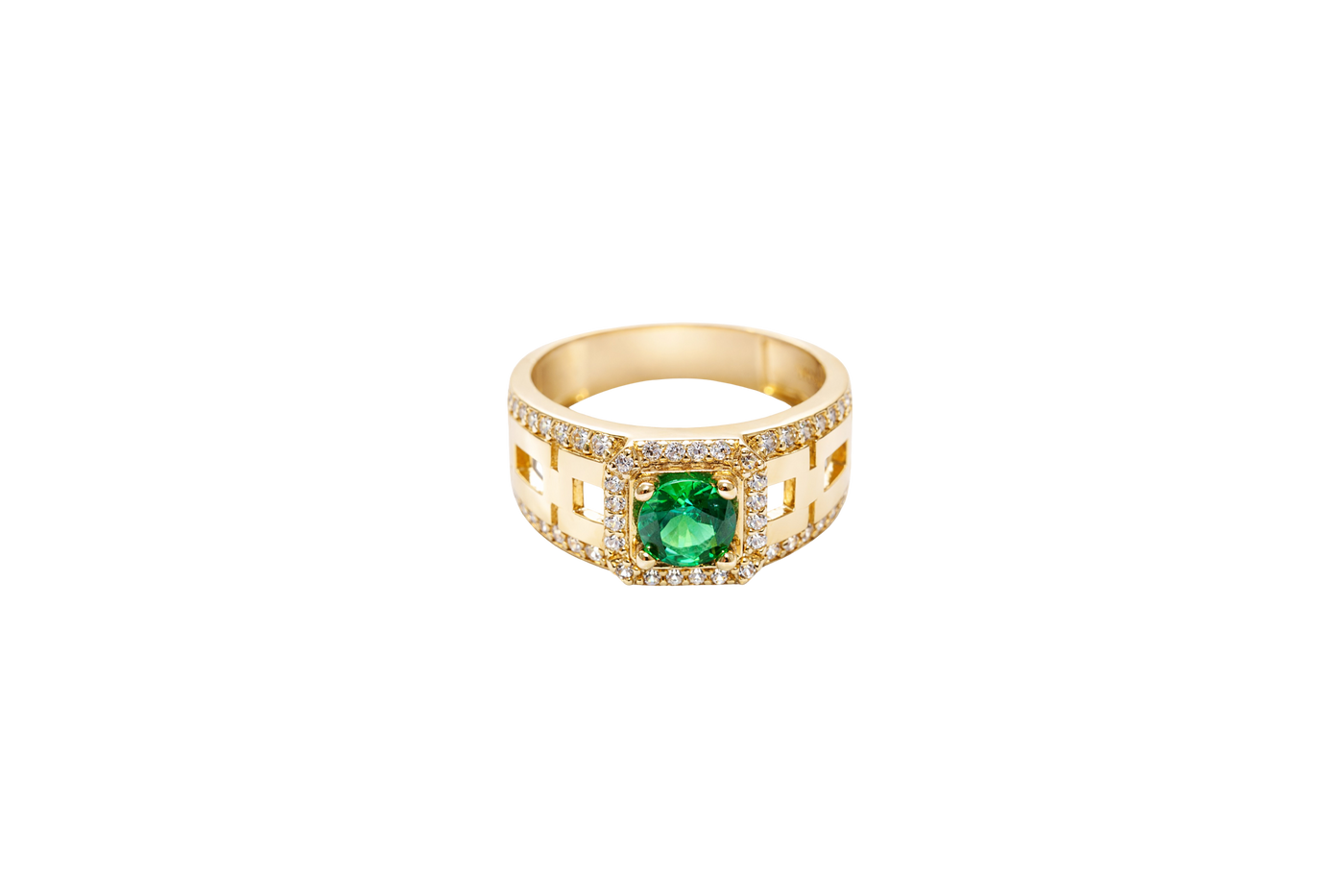 14KT Gold Ring Men's Square Green CZ Round Center Stone White CZ Stone Border Band Design 3 Stacked Cutout Boxes with Single Row White CZ Stones Border