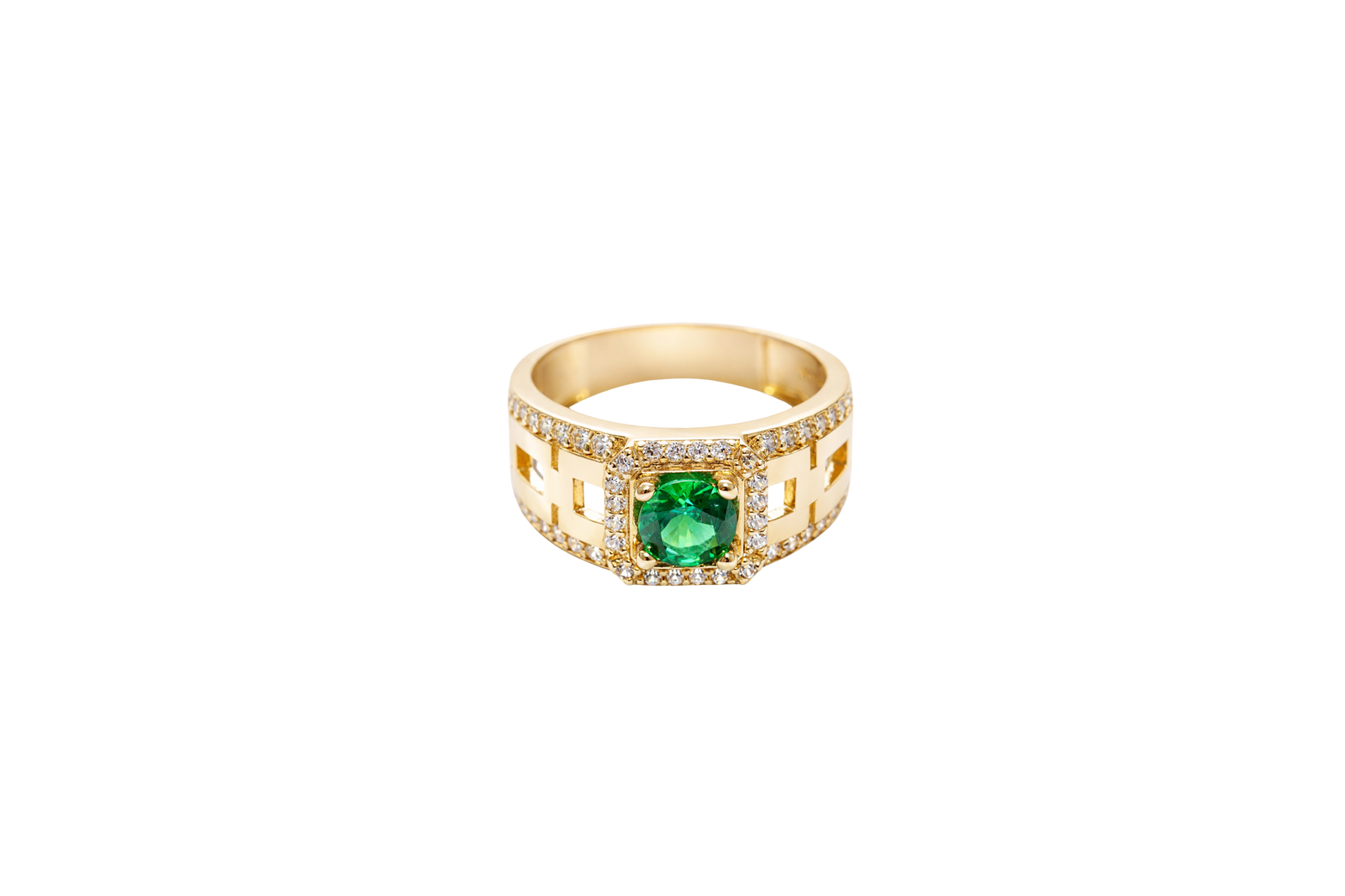 14KT Gold Ring Men's Square Green CZ Round Center Stone White CZ Stone Border Band Design 3 Stacked Cutout Boxes with Single Row White CZ Stones Border