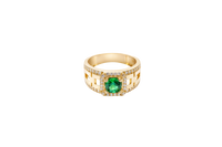 14KT Gold Ring Men's Square Green CZ Round Center Stone White CZ Stone Border Band Design 3 Stacked Cutout Boxes with Single Row White CZ Stones Border