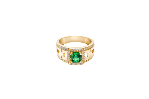 14KT Gold Ring Men's Square Green CZ Round Center Stone White CZ Stone Border Band Design 3 Stacked Cutout Boxes with Single Row White CZ Stones Border