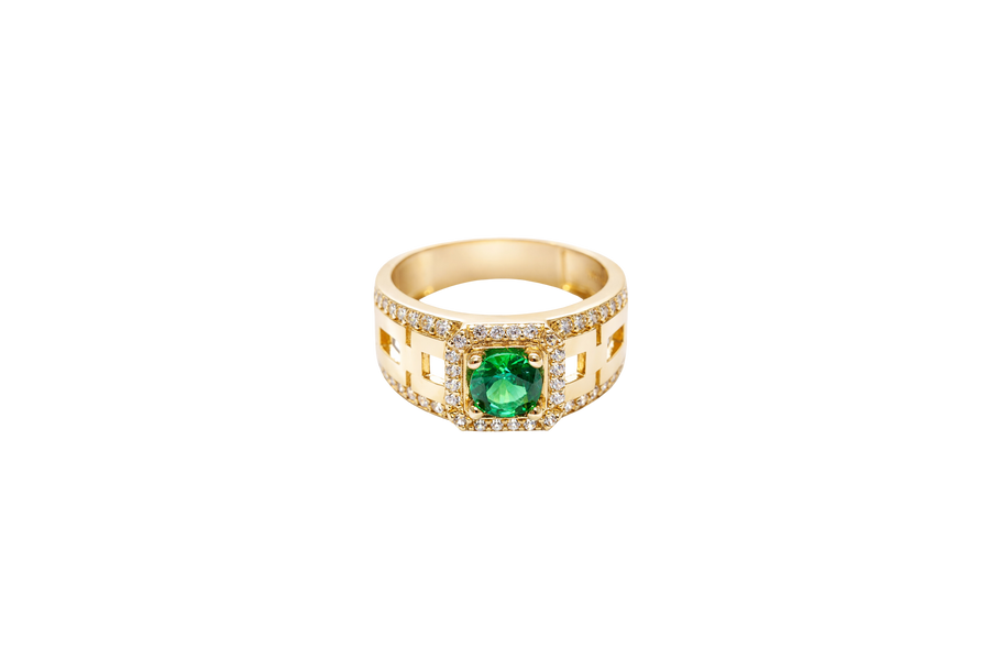 14KT Gold Ring Men's Square Green CZ Round Center Stone White CZ Stone Border Band Design 3 Stacked Cutout Boxes with Single Row White CZ Stones Border