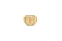 14KT Gold Ring Men's Octagon Rectangle Two Tone Standing St. Jude Center with Sunray Background Double Row White CZ Stone Border with White CZ Side Stones