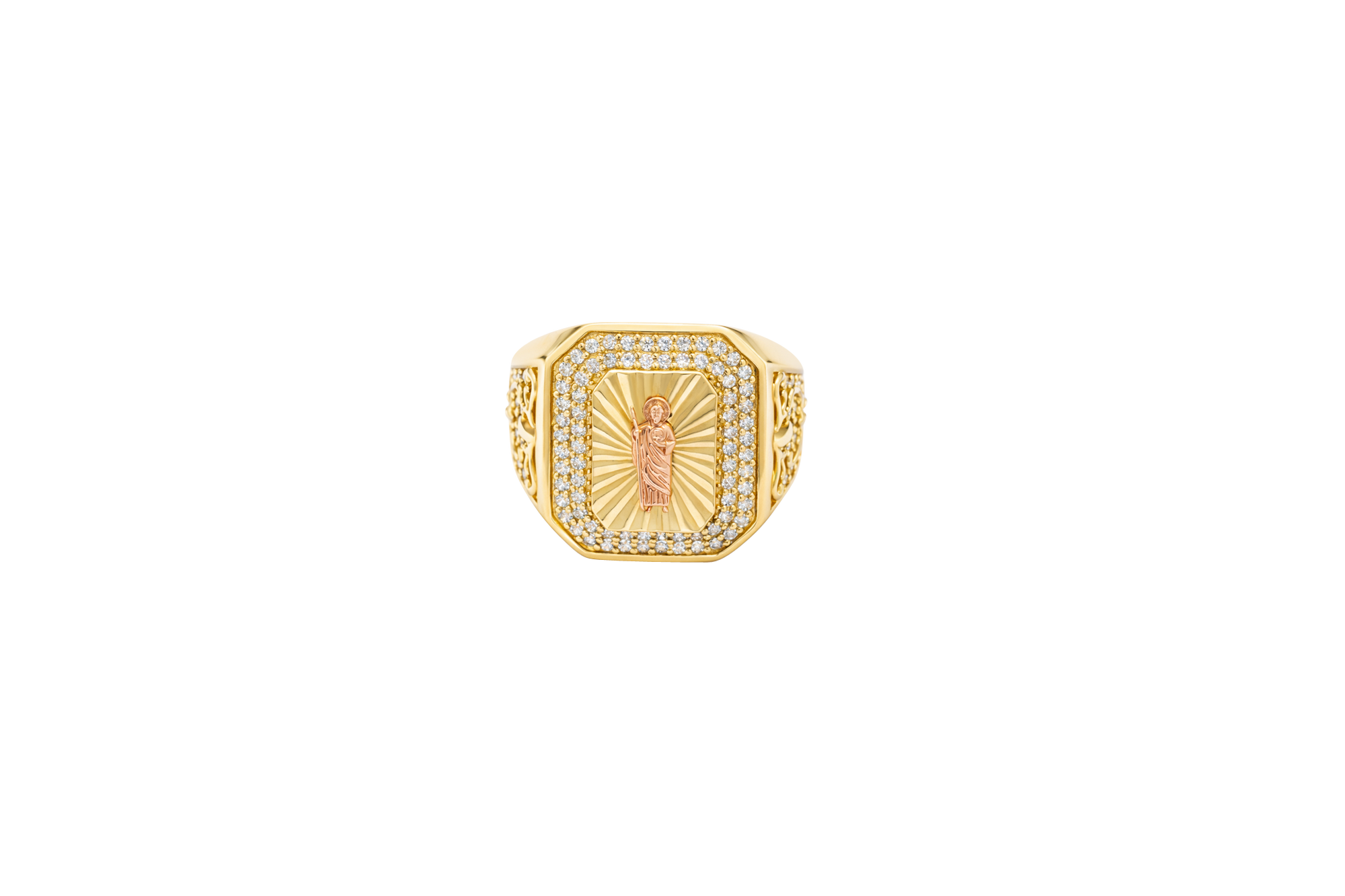 14KT Gold Ring Men's Octagon Rectangle Two Tone Standing St. Jude Center with Sunray Background Double Row White CZ Stone Border with White CZ Side Stones