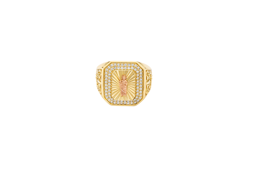 14KT Gold Ring Men's Octagon Rectangle Two Tone Standing St. Jude Center with Sunray Background Double Row White CZ Stone Border with White CZ Side Stones