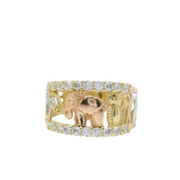 14KT Gold Ring Women's Open Split Band with White CZ Stones Border (2 palm trees/ Horseshoe/ Leaf/ Elephant/ Owl/ Man/ 7/ 2 Plam Trees)
