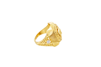 14KT Gold Ring Men's Round Raised Medusa Head with Plain Background Greek Border Band Design Single Round White CZ Stone Cutout with Greek Band Border