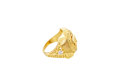 14KT Gold Ring Men's Round Raised Medusa Head with Plain Background Greek Border Band Design Single Round White CZ Stone Cutout with Greek Band Border
