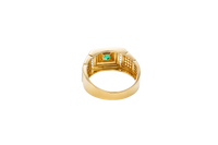 14KT Gold Ring Men's Square Green CZ Round Center Stone Plain Platform Border Band Design Single Row White CZ Stones Stair with Two Five Stone Triple Row White CZ Stones Blocks One Ridge Under Each Box Plain Borders