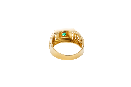 14KT Gold Ring Men's Square Green CZ Round Center Stone Plain Platform Border Band Design Single Row White CZ Stones Stair with Two Five Stone Triple Row White CZ Stones Blocks One Ridge Under Each Box Plain Borders