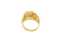 14KT Gold Ring Men's Square Seven Row White CZ Stone Platform Center Diamond Shape Raised Center Stone with Plain Border Band Design Two Baguette Stones Plain Border with White CZ Stone Background