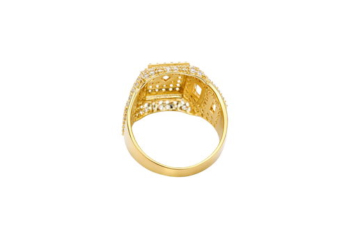 14KT Gold Ring Men's Square Seven Row White CZ Stone Platform Center Diamond Shape Raised Center Stone with Plain Border Band Design Two Baguette Stones Plain Border with White CZ Stone Background