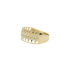 14KT Gold Ring Women's Light Weight Open Stipe Wide Band with White CZ Chain Link on Solid Background Center