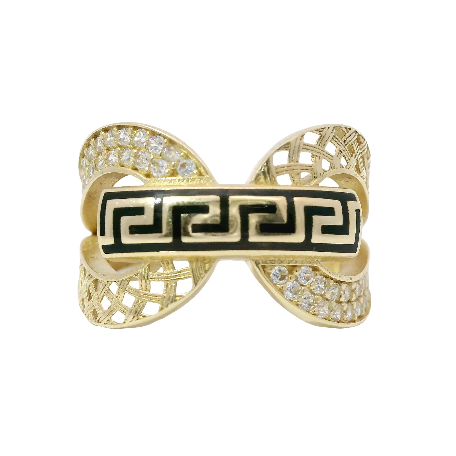 14KT Gold Ring Women's Double Lattice White CZ Stones Lasso with Greek Bar Connector