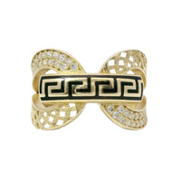 14KT Gold Ring Women's Double Lattice White CZ Stones Lasso with Greek Bar Connector