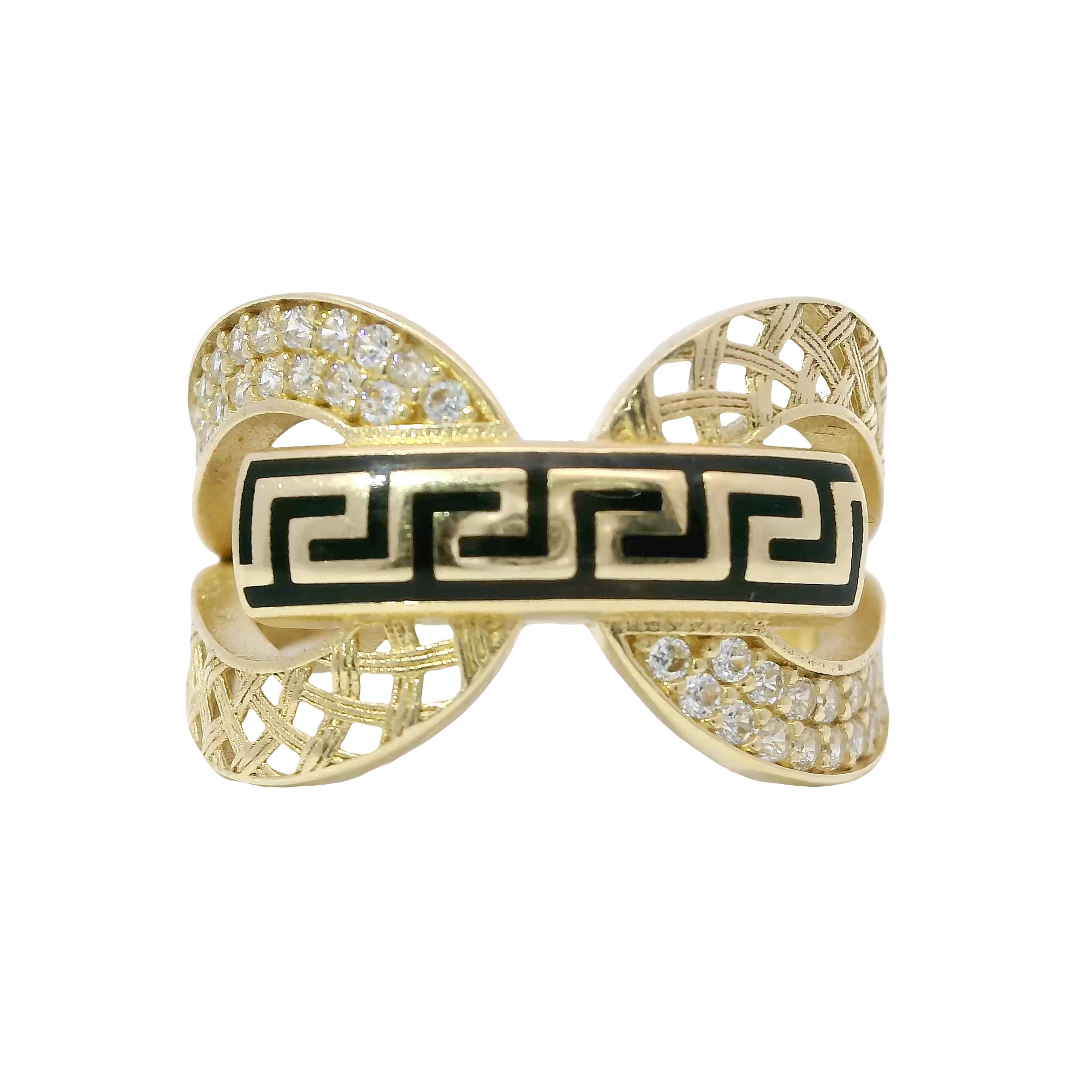 14KT Gold Ring Women's Double Lattice White CZ Stones Lasso with Greek Bar Connector