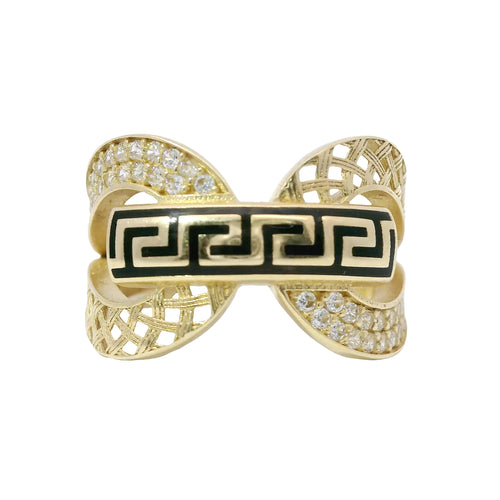 14KT Gold Ring Women's Double Lattice White CZ Stones Lasso with Greek Bar Connector