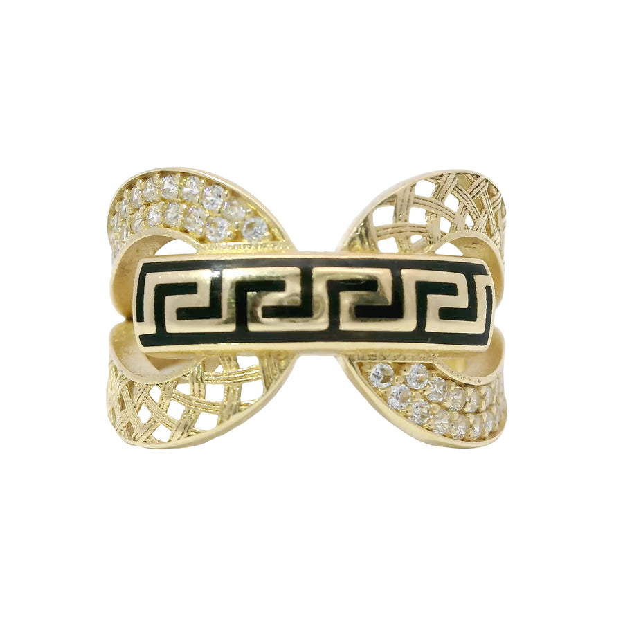 14KT Gold Ring Women's Double Lattice White CZ Stones Lasso with Greek Bar Connector
