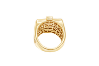 14KT Gold Ring Men's Square Raised Two Tone St. Muerte with Seven Row White CZ Stones Background and Two Tone Cross on Each Side and Pave Style CZ White Stone on Each Side with Pave Background
