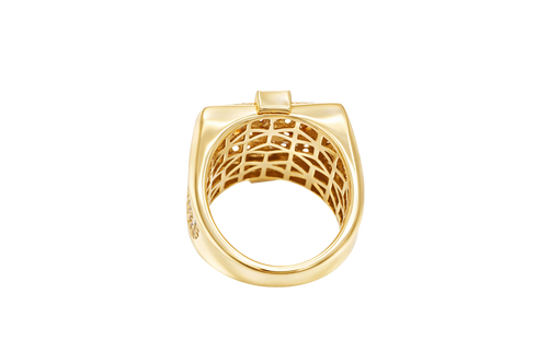 14KT Gold Ring Men's Square Raised Two Tone St. Muerte with Seven Row White CZ Stones Background and Two Tone Cross on Each Side and Pave Style CZ White Stone on Each Side with Pave Background