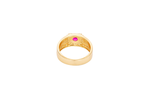 14KT Gold Ring Men's Square Red Round CZ Center Stone White CZ Stone Border Side Design White CZ Stones Border with Jubilee Watch Band Print