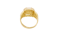 14KT Gold Ring Men's Rectangle Double Platform Seven Rows of Five White CZ Stone Cluster Center with Triple Row of Seven White CZ Stones on Edges Seven White CZ Stones Corners and Infinity Loop Knot on Sides