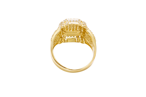14KT Gold Ring Men's Rectangle Double Platform Seven Rows of Five White CZ Stone Cluster Center with Triple Row of Seven White CZ Stones on Edges Seven White CZ Stones Corners and Infinity Loop Knot on Sides