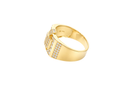 14KT Gold Ring Men's Raised Curved Square of 20 White CZ Stones with Double Row White CZ Stone Belt Through Curved Square and Single White CZ Stones Border and Double Row of White CZ Stones on Band