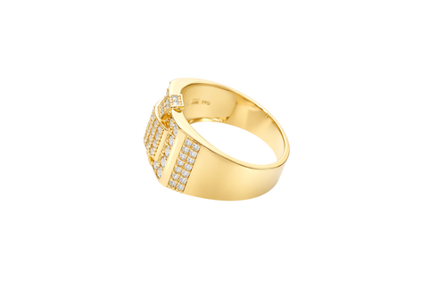 14KT Gold Ring Men's Raised Curved Square of 20 White CZ Stones with Double Row White CZ Stone Belt Through Curved Square and Single White CZ Stones Border and Double Row of White CZ Stones on Band