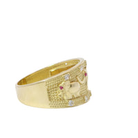 14KT Gold Ring Women's Closed Split Band with Three Pink Eye Elephants White CZ Stones Band Border