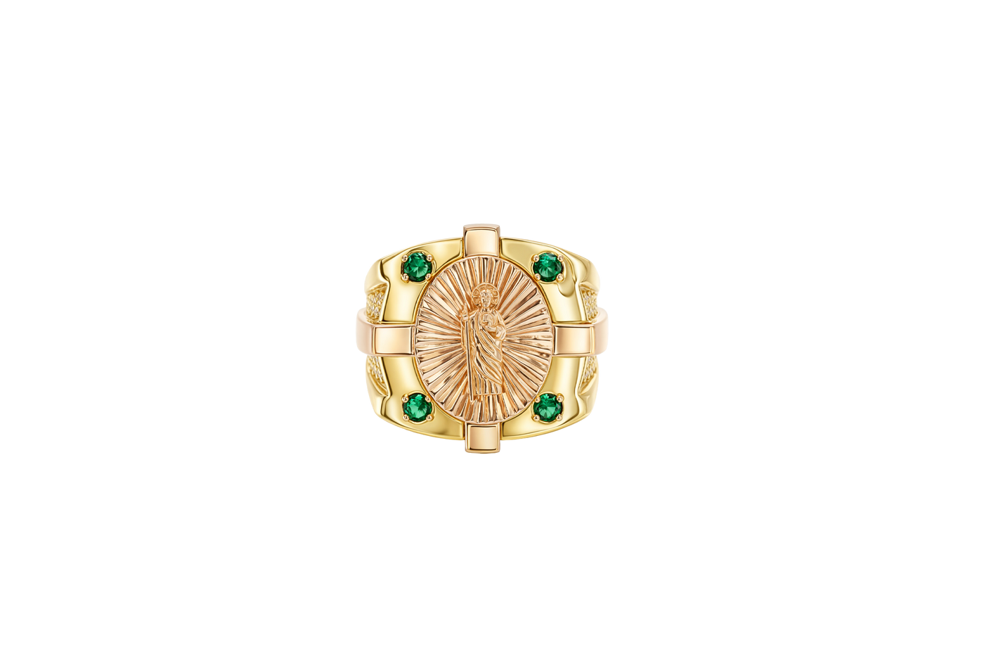 14KT Gold Ring Men's Two Tone Square/Oval St. Jude with Sunray Background and Corner Design One Green CZ Stone Shank Design Double Row White CZ Stone Interlocking Top/Side Cross