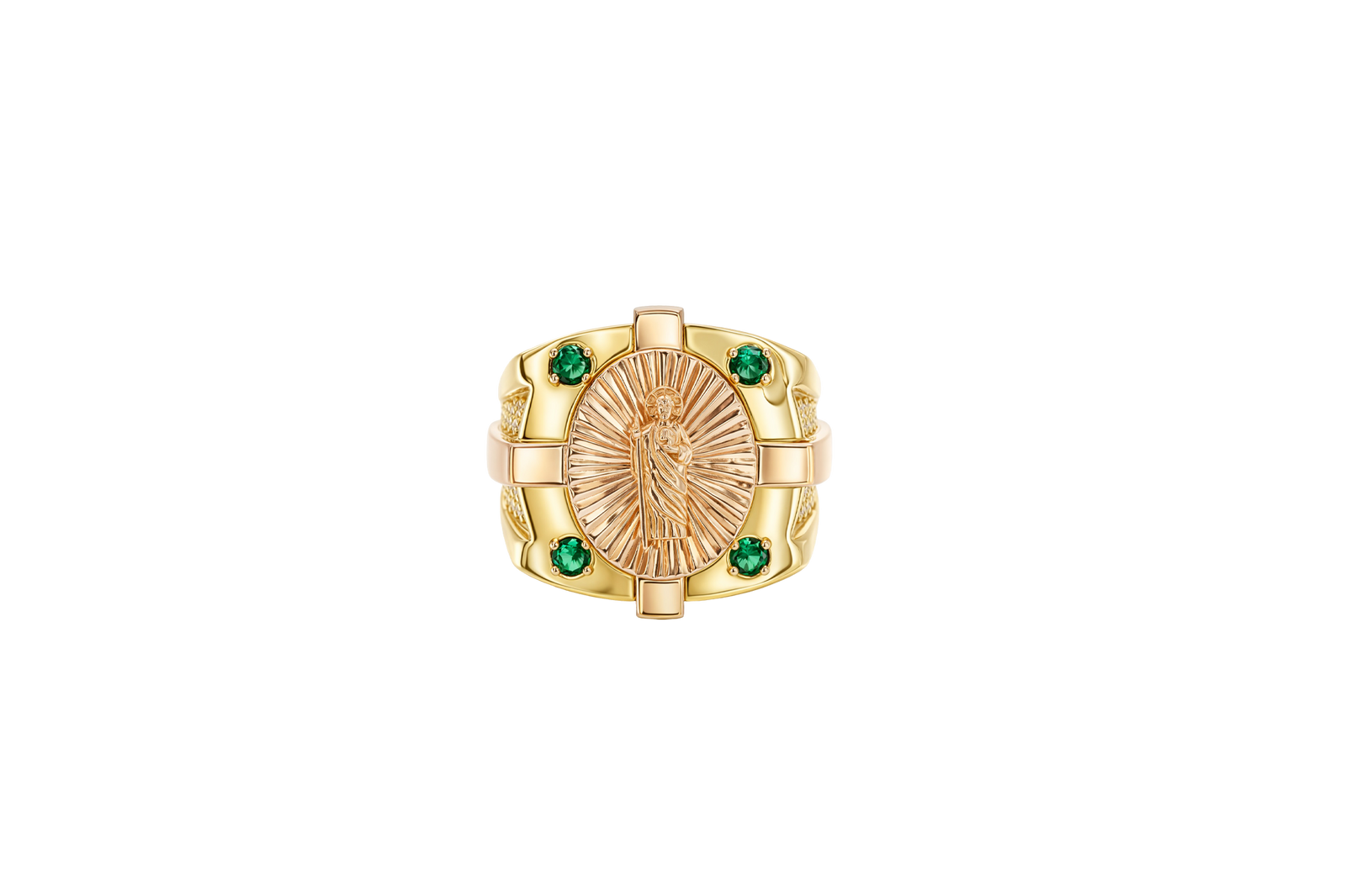 14KT Gold Ring Men's Two Tone Square/Oval St. Jude with Sunray Background and Corner Design One Green CZ Stone Shank Design Double Row White CZ Stone Interlocking Top/Side Cross