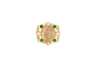 14KT Gold Ring Men's Two Tone Square/Oval St. Jude with Sunray Background and Corner Design One Green CZ Stone Shank Design Double Row White CZ Stone Interlocking Top/Side Cross