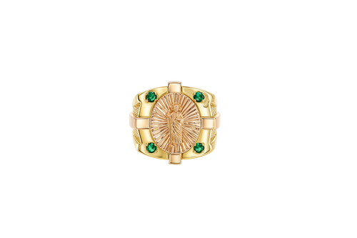 14KT Gold Ring Men's Two Tone Square/Oval St. Jude with Sunray Background and Corner Design One Green CZ Stone Shank Design Double Row White CZ Stone Interlocking Top/Side Cross