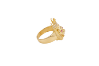 14KT Gold Ring Men's Crowned Lion Head with White CZ Stones Crown/Mouth Red CZ Stones in Eyes