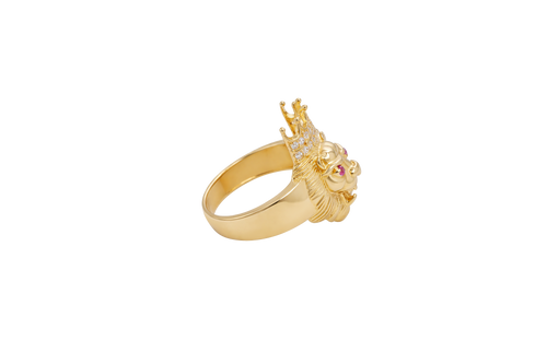 14KT Gold Ring Men's Crowned Lion Head with White CZ Stones Crown/Mouth Red CZ Stones in Eyes