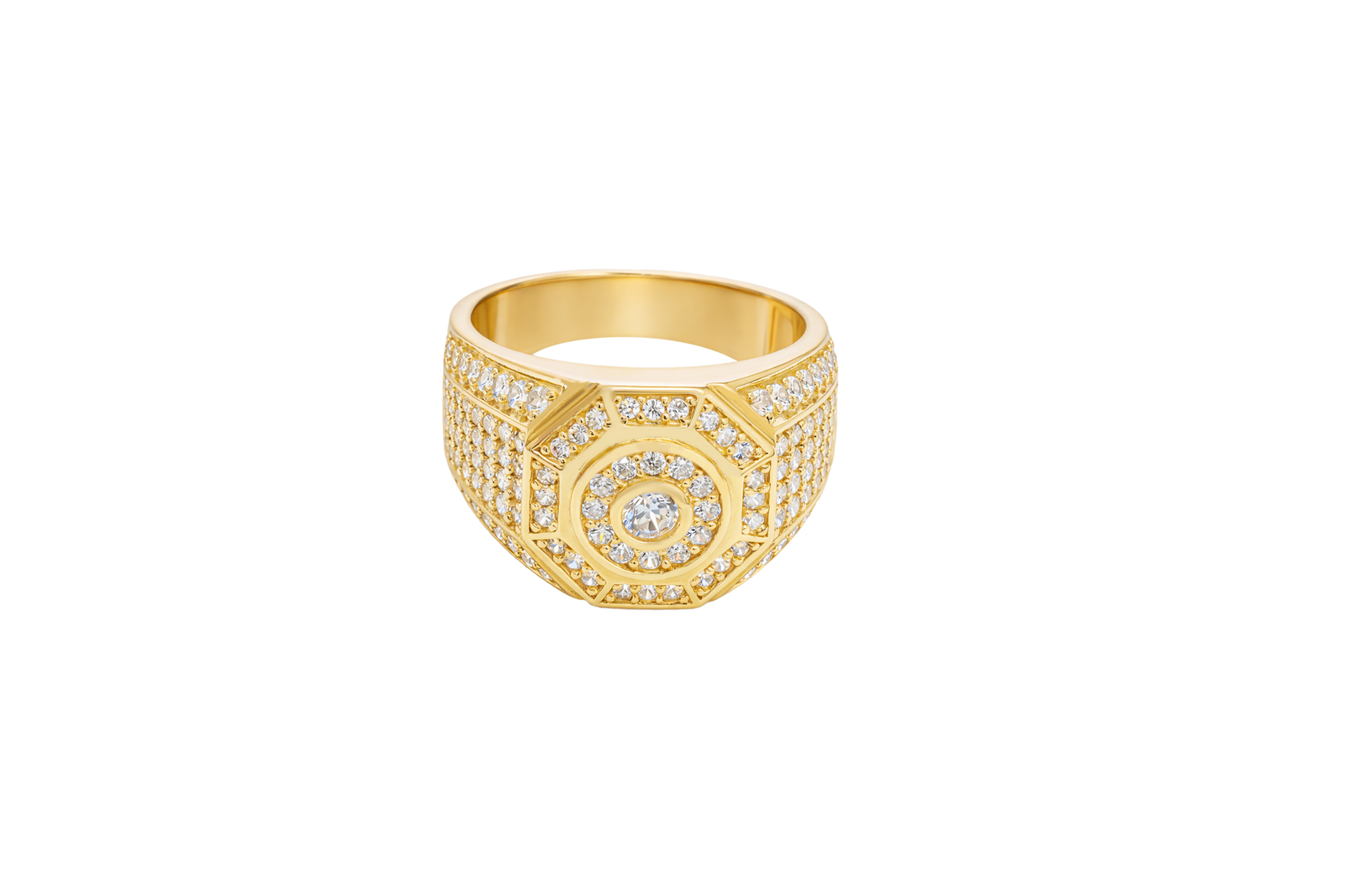 14KT Gold Ring Men's Octagon Raised Center Round White CZ Stone Center Border Plain Edge Band Design Seven Row White CZ Stone Section