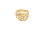 14KT Gold Ring Men's Octagon Raised Center Round White CZ Stone Center Border Plain Edge Band Design Seven Row White CZ Stone Section