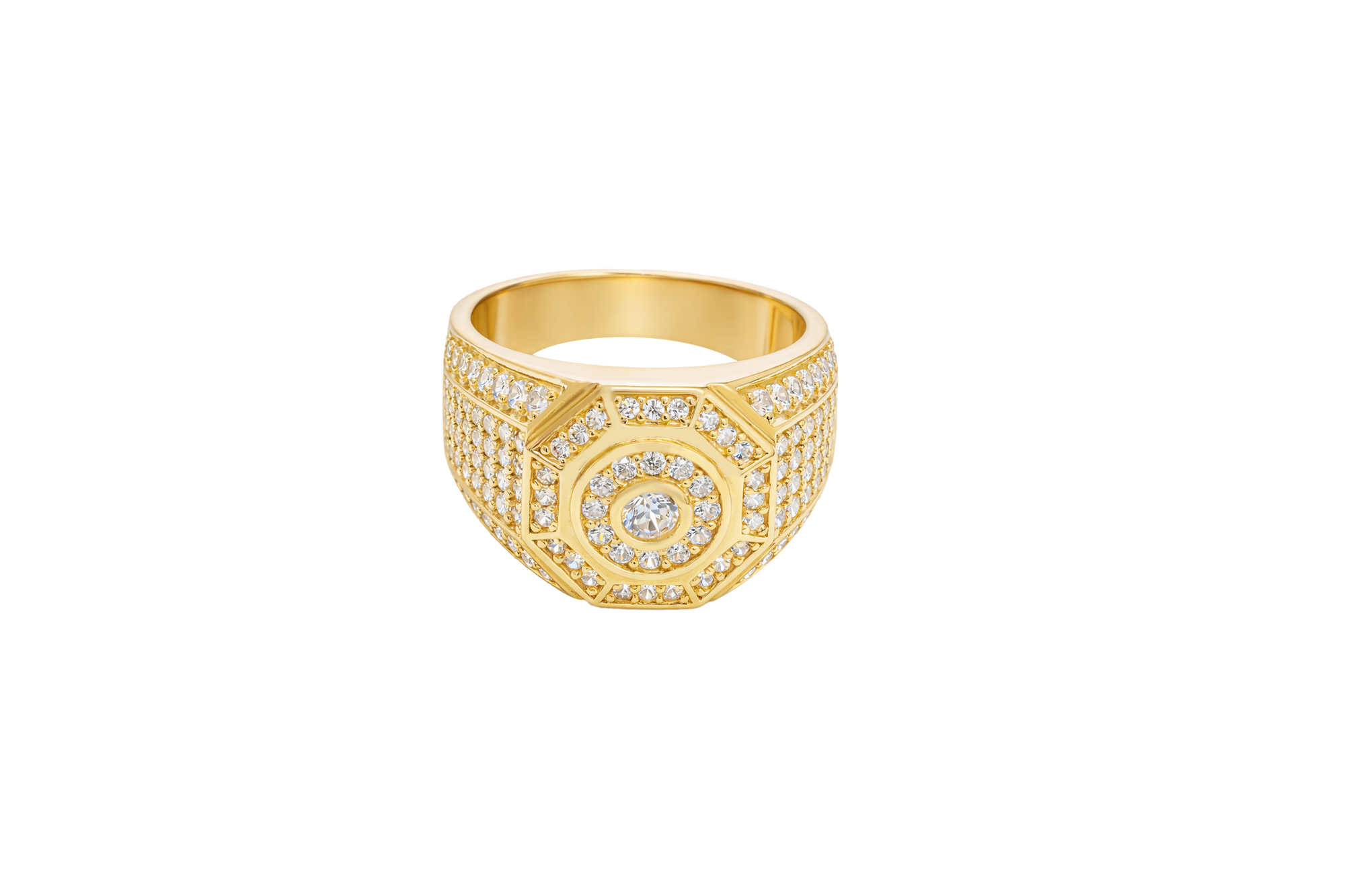 14KT Gold Ring Men's Octagon Raised Center Round White CZ Stone Center Border Plain Edge Band Design Seven Row White CZ Stone Section