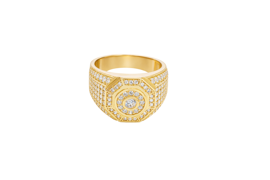 14KT Gold Ring Men's Octagon Raised Center Round White CZ Stone Center Border Plain Edge Band Design Seven Row White CZ Stone Section