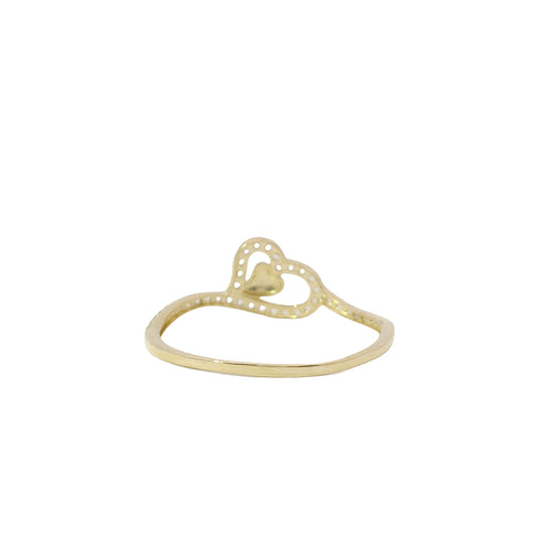 14KT Gold Ring Women's Light Weight Tilted Open White CZ Stones Heart Outline with Plain Heart Center and White CZ Stones Band