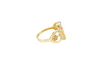 14KT Gold Ring Women's "15" Open Floral Oval Quinceanera Center with White CZ Stones Border Open Hearts on Shank with Seven Dot Flower Design and a Plain Band