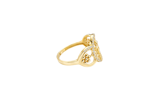 14KT Gold Ring Women's "15" Open Floral Oval Quinceanera Center with White CZ Stones Border Open Hearts on Shank with Seven Dot Flower Design and a Plain Band